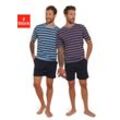 Shorty AUTHENTIC LE JOGGER, Herren, Gr. 44/46, blau (beere, navy, blau, navy), Jersey, Obermaterial: 100% Baumwolle, unifarben, gestreift, kurz, Rundhals, Kurzarm abgesteppte Kante, Homewear-Sets, mit gestreiften Oberteilen