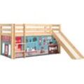 Spielbett VIPACK "Vipack Pino", beige (natur), B:218cm H:114cm L:210cm, Betten, Hochbett mit Textil-Set, inkl. Rolllattenrost, Leiter und Rutsche