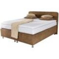 Boxspringbett WESTFALIA SCHLAFKOMFORT, braun, B:100cm L:212cm, Bezug Kaltschaum-Topper: mit Klimafaser versteppt, 100% Polyester, Bezug untere Box und Kopfteil: wahlweise hochwertiger Microvelour (100% Polyester), feiner Strukturstoff (100% Polyester) oder Kunstleder, Bezug Obermatratze: 100% Polyester, Bezug abnehm- und waschbar bis 60u00b0C, Komplettbetten, Boxspringbett, inkl. Kaltschaum-Topper