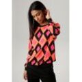 Shirtbluse ANISTON SELECTED Gr. 36, bunt (schwarz, orange, pink), Damen, Obermaterial: 95% Polyester, 5% Elasthan, bedruckt, Rautenmuster, colorblocking, Blusen, mit unifarbenen Bündchen und Retro-Muster, Topseller