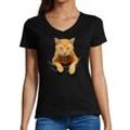 MyDesign24 T-Shirt Damen Katzen Print Shirt bedruckt - Gelbe Katze in der Tasche Slim Fit, i109, Baumwollshirt mit Aufdruck, schwarz
