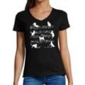 MyDesign24 T-Shirt Damen Katzen Print Shirt bedruckt - Musiknoten mit Katze Baumwollshirt mit Aufdruck, Slim Fit, i116, schwarz