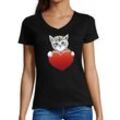 MyDesign24 T-Shirt Damen Katzen Print Shirt bedruckt - Katze mit rotem Herz Baumwollshirt mit Aufdruck, Slim Fit, i120, schwarz