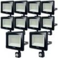 Set mit 10 50-W-LED-Projektoren. Schwarzer Bewegungsmelder IP65 Température de Couleur: Blanc Froid 6000K