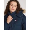 Steppjacke TOMMY JEANS "TJW MIDI ALASKA FAUX FUR" Gr. XS (34), blau (schwarz night navy), Damen, Web, Obermaterial: 100% Polyester. Futter: 100% Polyester, unifarben, Jacken, mit Fellimitat