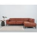 Ecksofa PLACES OF STYLE "Lorcan", braun (cognac), B:275cm H:77cm T:210cm, 65% Polyester, 35% Lederfasern, Sofas, mit schwarzen Metallfüßen, Lederoptik und in weichem Strukturstoff