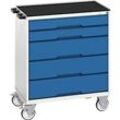 Mobiler Schubladenschrank Bott verso, 5 Schübe, bis 50 kg je Schub, Vollauszug, B 800 x T 550 x H 965 mm, Stahlblech, Grau-Blau