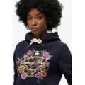 Kapuzensweatshirt SUPERDRY "FLORAL GRAPHIC LOGO HOODIE", Damen, Gr. XS, blau (truest navy), Sweatware, Obermaterial: 80% Baumwolle, 20% Polyester, unifarben, casual, relaxed fit, Rundhals, Sweatshirts