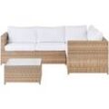 Lounge Set Hellbraun Rattan 2-Teilig Modern 4-Sitzer Ecksofa Linksseitig mit Couchtisch Auflagen Cremeweiß Terrasse Outdoor Gartenmöbel