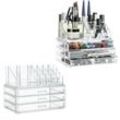 Relaxdays - 2 x Make Up Organizer klein, 2-teilige Schminkaufbewahrung mit Schubladen, stapelbares Kosmetikregal, transparent