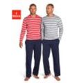 Pyjama AUTHENTIC LE JOGGER Gr. 44/46, bunt (rot, navy, grau, navy), Herren, Jersey, Obermaterial: 100% Baumwolle, Homewear-Sets, mit gestreiften Oberteilen