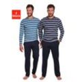 Pyjama AUTHENTIC LE JOGGER Gr. 44/46, blau (navy, petrol), Herren, Jersey, Obermaterial: 100% Baumwolle, gestreift, unifarben, Homewear-Sets, mit gestreiften Oberteilen