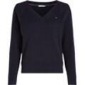 Strickpullover TOMMY HILFIGER "CO CABLE V-NK SWEATER" Gr. XS (34), blau (desert sky) Damen Pullover mit Zopfmuster, V-Ausschnitt