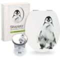 Sitzplatz - Badezimmer-Set Motiv Pinguin WC-Sitz mit Absenkautomatik Ovaler Toilettendeckel mit Holzkern Design-Excenterstopfen 38 - 40 mm