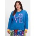 Sweatshirt mit Frontdruck und Ringelbündchen, blau bedruckt, Gr.40