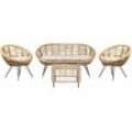 Beliani - 4-Sitzer Lounge Set Natürlich Rattan 4-Teilig Gartensofa 2 Gartenstühle und Couchtisch mit Schwarzem Metallgestell Auflagen Hellbeige