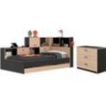 Jugendzimmer-Set GAMI "Erwan", schwarz (kastanie natur, schwarz), B:120cm H:104cm T:221cm, Spanplatte, Schlafzimmermöbel-Sets, Ideal für Kinder- und Jugendzimmer