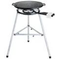 Hochwertiges Paella-Grill-Set mit Gusseisen-Grillplatte: 2-Ring Gasbrenner, stabiler Dreibein-Ständer, höhenverstellbar, Ø 55 cm