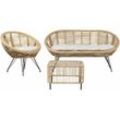 3-Sitzer Lounge Set Natürlich Rattan 3-Teilig Gartensofa Gartenstuhl Couchtisch mit Schwarzem Metallgestell Auflagen Hellbeige Boho Outdoor