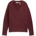 TOM TAILOR DENIM Damen Relaxed Strickpullover mit V-Ausschnitt, rot, Uni, Gr. XL