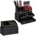 Relaxdays - 2 x Make Up Organizer klein, 2-tlg Schminkaufbewahrung mit Schubladen, stapelbares Kosmetikregal, Acryl, schwarz/gold