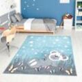 Kinderteppich CARPET CITY "ANIME916", blau, B:190cm H:11mm L:280cm, Polypropylen (PP), Teppiche, Kinderzimmer Teppich Modern mit Mond, Blumen, Wolken, Creme, Multi