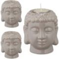 Relaxdays - 3 x Buddha Teelichthalter, Keramik, Buddha-Kopf für Teelicht, Zen-Deko für Wohnzimmer & Bad, Feng Shui Deko, grau