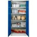 Schäfer Shop Pure Materialschrank, 4 Fachböden, abschließbar, B 950 x T 400 x H 1935 mm, Stahl, lichtgrau RAL 7035/enzianblau RAL 5010