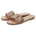 Pantolette LASCANA Gr. 36, grau (taupe) Damen Schuhe Mule, Sandale, offener Schuh aus Textil mit modischem Schriftzug VEGAN