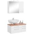 Badmöbel-Set WELLTIME "Davos", weiß, Siphonausschnitt links, Holzwerkstoff, Melamin, MDF, Kastenmöbel-Sets, mit LED-Beleuchtung, Hängeschrank und Waschbeckenunterschrank
