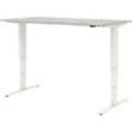 Home Office Schreibtisch TEMPIO, elektrisch höhenverstellbar, geteilte Tischplatte mit Klappe, B 1600 x T 700 x H 640-1280 mm, beton/weiß