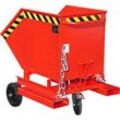 Späne-Kippbehälter Bauer SKW-ET 250, Stahl, rot, B 1115 x T 820 x H 990 mm, 250 l, bis 300 kg, Rollen, manuelles Kippen, mit Einfahrttaschen