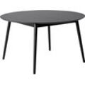 Esstisch HAMMEL FURNITURE "Meza Designtisch mit Auszugsfunktion und 2 Einlegeplatten", schwarz (schwarz, schwarz), B:135cm H:73,5cm T:135cm, Tischplatte: Schwarzes nanobehandeltes Fenix-Laminat (schwarzer Rand), Gestell: Schwarz gebeizt Esche (Massivholz), Mit nanobehandeltem Laminat, einer matten, seidigen Oberfläche, die Fingerabdrücke abweist und langlebig und hygienisch ist, Tische, Ø135(231) 