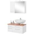 Badmöbel-Set WELLTIME "Davos", weiß, Siphonausschnitt rechts, Holzwerkstoff, Melamin, MDF, Kastenmöbel-Sets, mit LED-Beleuchtung, Hängeschrank und Waschbeckenunterschrank