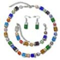 Collierkettchen STEUER "Glaswürfel Set multi color Collier, Armband, Ohrhaken" Halsketten Gr. 50 + 7cm, Metall, Länge: 57 cm, silberfarben (silbergrau) Damen