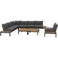 Gartenlounge-Set SIENA GARDEN "Alvida", grau (matt anthrazit, teak), B:172cm H:70cm T:80cm, Aluminium, Polyester, Massivholz, Sitzmöbel-Sets, best. aus 2 Sofas, 1 Ecksofa, 1 Tisch und 12 Kissen