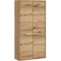 Midischrank WELLTIME "Kayu, Höhe 132cm, stehend/hängend montierbar, 2 Türen, 3 Einlegeböden", braun (evoke oak nachbildung), B:64cm H:132cm T:32cm, FSC-zertifizierter Holzwerkstoff, Schränke, einzigartiges Griffdesign, Badschrank, Bad-Möbel, Badezimmer, Bad