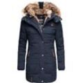 Wintermantel MARIKOO "Lieblings Jacke", Damen, Gr. XS (34), blau, Oberstoff: 100% Polyester, Futter: 100% Polyester, Wattierung: 100% Polyester, Ärmelfutter: 100% Polyester, Kunstpelz: 90% Polyacryl, 10% Polyester, casual, tailliert Po-bedeckend, Langarm Ärmel ohne Ärmelschlitz Rippstrickbündchen, Mäntel, stylischer Winter Steppmantel m. Kunstpelz-Kapuze