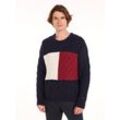 Rundhalspullover TOMMY HILFIGER "CABLE FLAG SWEATER" Gr. XL, blau (desert sky), Herren, Strick, Obermaterial: 80% Wolle, 20% Polyamid, Pullover, mit Colorblocking-Design vorne