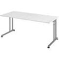 Schreibtisch Breno, manuelle Höheneinstellung, horizontaler Kabelkanal, B 1800 x T 800 x H 680-820 mm, Spanplatte & Stahl, Weiß/Silber