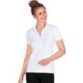 Poloshirt TRIGEMA "TRIGEMA Poloshirt mit Kristallsteinen", Damen, Gr. L, weiß, 94% Baumwolle, 6% Elastan, Basic, Kurzarm, Shirts