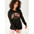 Sweatshirt ANISTON CASUAL Gr. 36, bunt (schwarz-rosa-orange) Damen Sweatshirts mit aufgestickter "LAS VEGAS"-Applikation