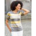 Kurzarmpullover CASUAL LOOKS "Rundhals-Pullover" Gr. 44, gelb (hellgrau, zitrone, gestreift) Damen, 60% Baumwolle, 40% Viskose, Pullover