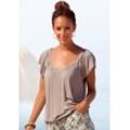 V-Shirt LASCANA Gr. 32/34, grau (taupe) Damen Shirts mit breitem Gummizugbund, T-Shirt V-Ausschnitt, Basic