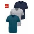 T-Shirt BRUNO BANANI, Herren, Gr. S, bunt (petrol, navy, grau, meliert), Jersey, Obermaterial: 95% Baumwolle, 5% Elasthan, Basic, hüftbedeckend, V-Ausschnitt, Kurzarm abgesteppte Kante, Shirts Unterhemd Multipacks, mit V-Ausschnitt, perfekte Passform, aus elastischer Baumwolle