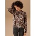 Langarmshirt ANISTON CASUAL Gr. 34, bunt (hellbraun, braun, schwarz, sand, weiß, rot), Damen, Single Jersey, Obermaterial: 95% Viskose, 5% Elasthan, animal-print, bedruckt, Shirts, mit trendigem Animal-Print und gestreiften Bündchen