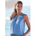 Tanktop LASCANA, Damen, Gr. 32/34, blau, Jersey, Obermaterial: 100% Viskose, unifarben, modisch, figurumspielend hüftlang, V-Ausschnitt, Tops, mit Zieraccessoire, lässiges Blusentop, elegant