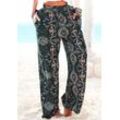 Strandhose LASCANA, Damen, Gr. 38, N-Gr, schwarz (schwarz, bedruckt), Jersey, Obermaterial: 100% Viskose, bedruckt, casual, figurumspielend lang, Hosen, mit Ethnoprint und Taschen, Wide-Leg, Marlenehose