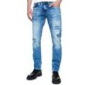 Straight-Jeans RUSTY NEAL "ODAR", Herren, Gr. 29, US-Größen, blau, 98% Baumwolle, 2% Elasthan, unifarben, casual, Jeans, Mit farblich abgesetzten Ziernähten