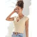 Kurzarmpullover VIVANCE Gr. 32/34, beige Damen Pullover mit modischer Wellenkante, T-Shirt V-Ausschnitt, Baumwoll-Mix